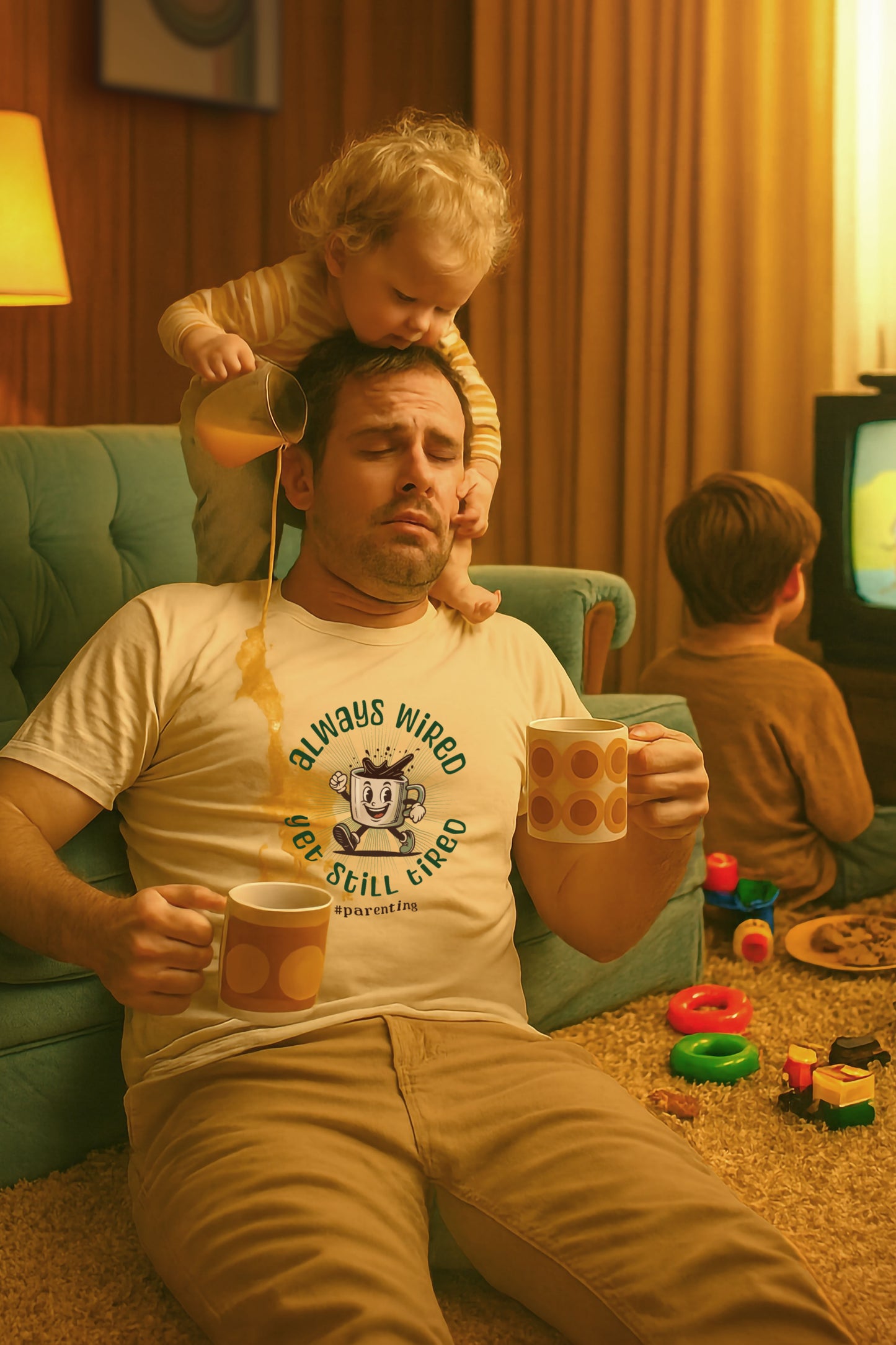 Always Wired Yet Still Tired – Parenting Retro Coffee T-Shirt – Funny Millennial Mom & Dad Humor Tee