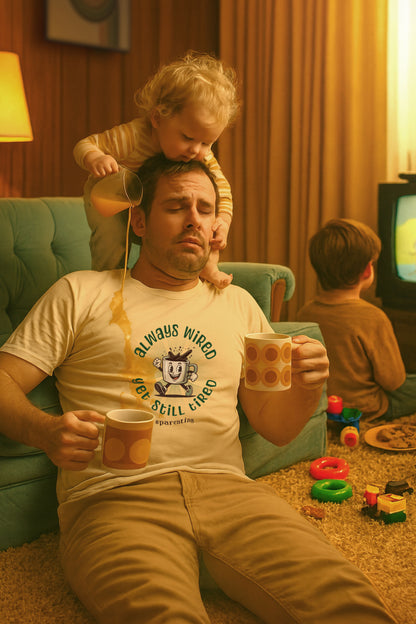 Always Wired Yet Still Tired – Parenting Retro Coffee T-Shirt – Funny Millennial Mom & Dad Humor Tee