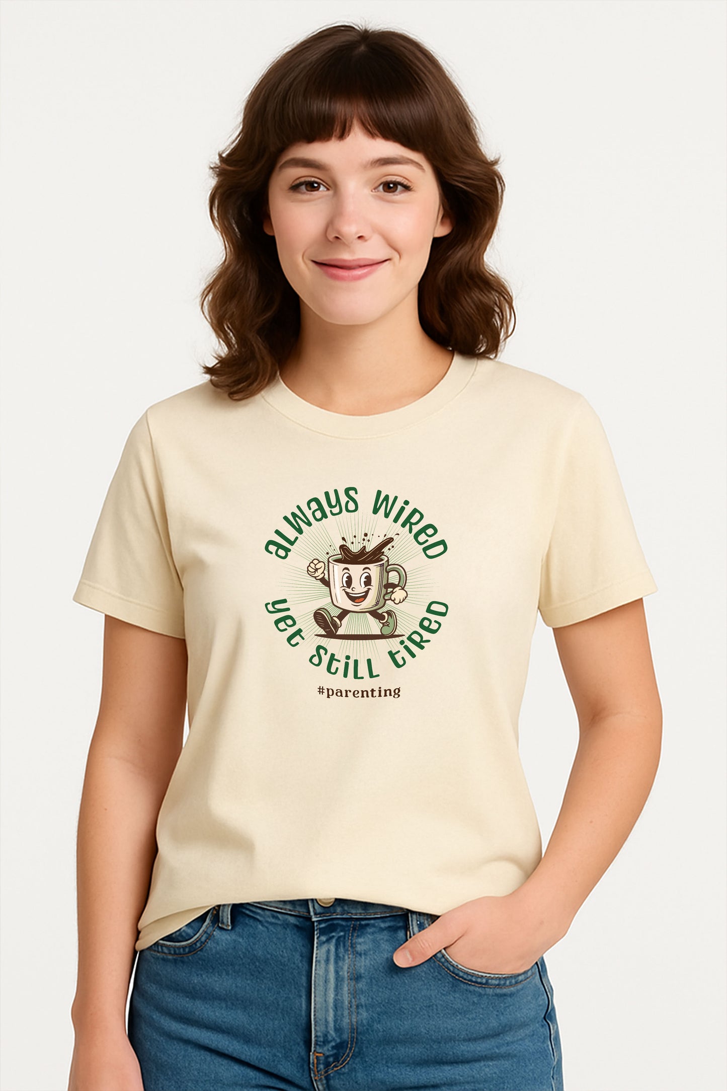 Always Wired Yet Still Tired – Parenting Retro Coffee T-Shirt – Funny Millennial Mom & Dad Humor Tee