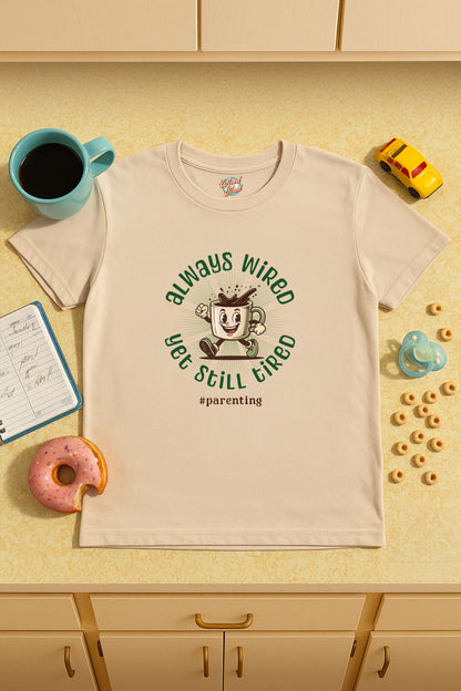 Always Wired Yet Still Tired – Parenting Retro Coffee T-Shirt – Funny Millennial Mom & Dad Humor Tee