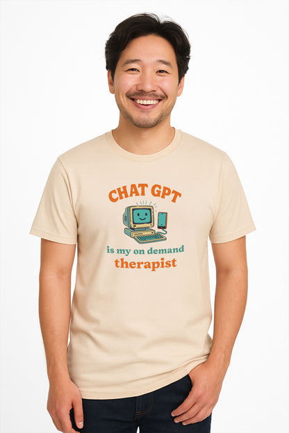 Chat GPT Therapy T-Shirt – Retro 70s Funny Meme Tee for Millennial Burnout & Adulting Stress