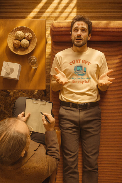 Chat GPT Therapy T-Shirt – Retro 70s Funny Meme Tee for Millennial Burnout & Adulting Stress