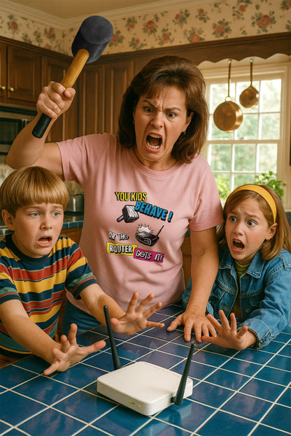 You Kids Behave or the Router Gets It! – Funny Retro Parenting T-Shirt – 80s 90s Meme Tee for Millennial Parents
