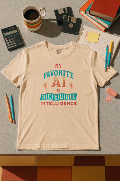 My Favorite AI Is Actual Intelligence Retro Meme T-Shirt – 60s/70s Vintage Graphic Tee for Exhausted Adults